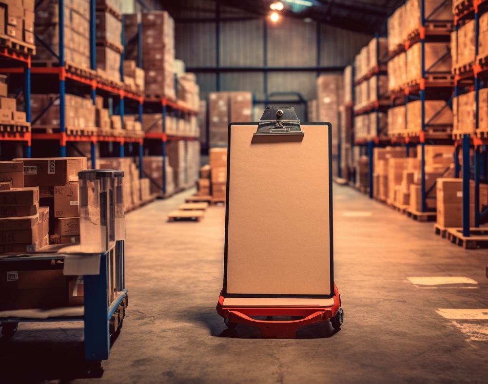 Clipboard on dolly in warehouse with stacks boxes in background